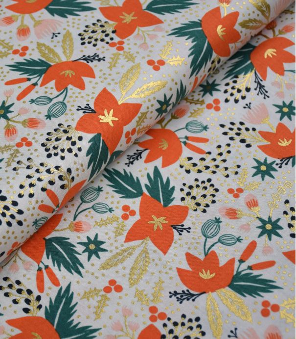Tissu coton - Poinsettia - Cream Metallic Fabric Tissu coton - Poinsettia - Cream Metallic Fabric