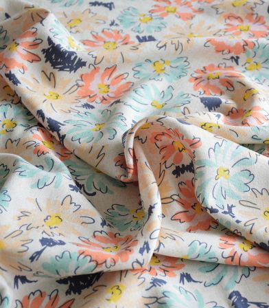 Tissu lin viscose - Flore Corail Tissu lin viscose - Flore Corail