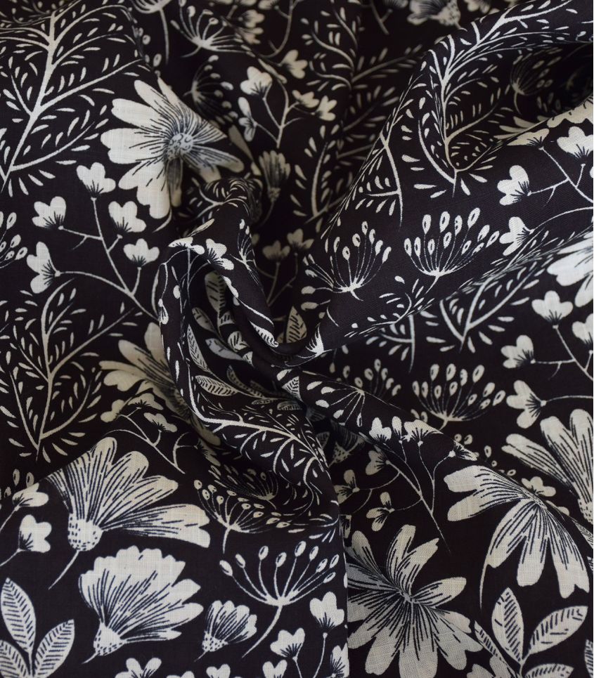 Tissu coton viscose - Fleur de souci - Noir