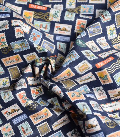 Tissu coton - Bon Voyage - Postage Stamps - Navy Metallic Tissu coton - Bon Voyage - Postage Stamps - Navy Metallic