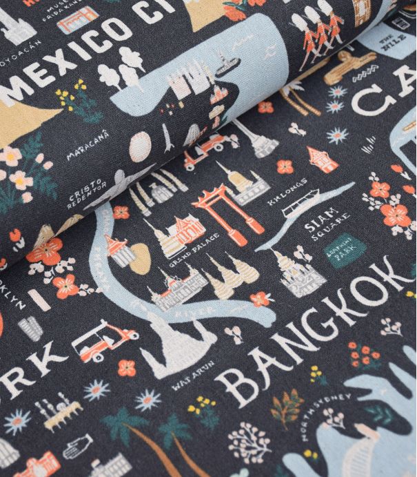 Tissu Canvas - Bon Voyage - City Guide - Black Canvas Tissu Canvas - Bon Voyage - City Guide - Black Canvas