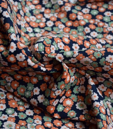 Tissu velours milleraies Fleurettes - Navy Orange Tissu velours milleraies Fleurettes - Navy Orange