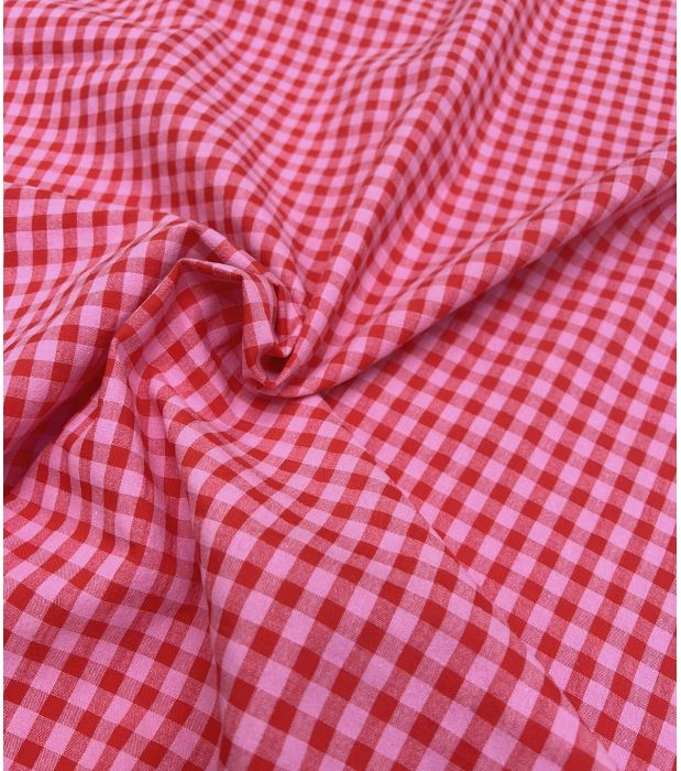 Tissu Seersucker vichy - Carreaux bicolore rose et rouge