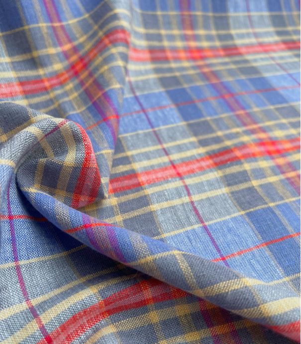Tissu Lin viscose Carreaux - bleu rouge Tissu Lin viscose Carreaux - bleu rouge