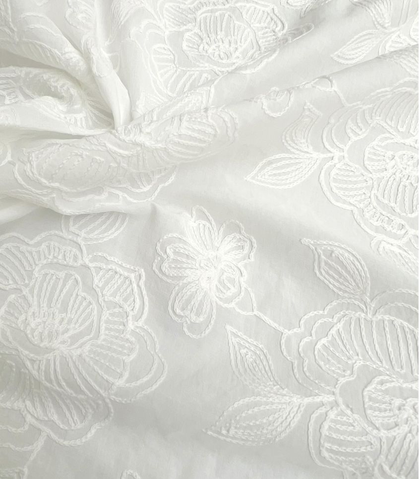 Tissu coton brodé Roses - Ecru Tissu coton brodé Roses - Ecru