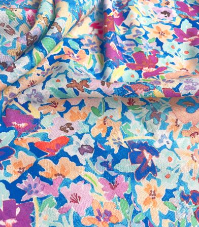 Tissu lin viscose - Hollyhocks aqua Tissu lin viscose - Hollyhocks aqua