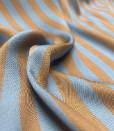 Tissu twill soie viscose - Rayures bleu / café