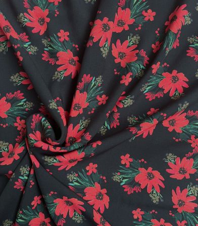 Tissu viscose - Fleurs rouges sur noir