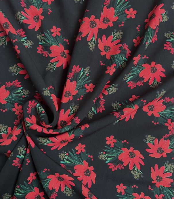 Tissu viscose - Fleurs rouges sur noir
