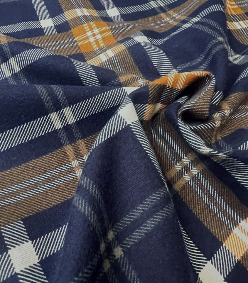 Tissu Flanelle de coton - Tartan ocre / navy