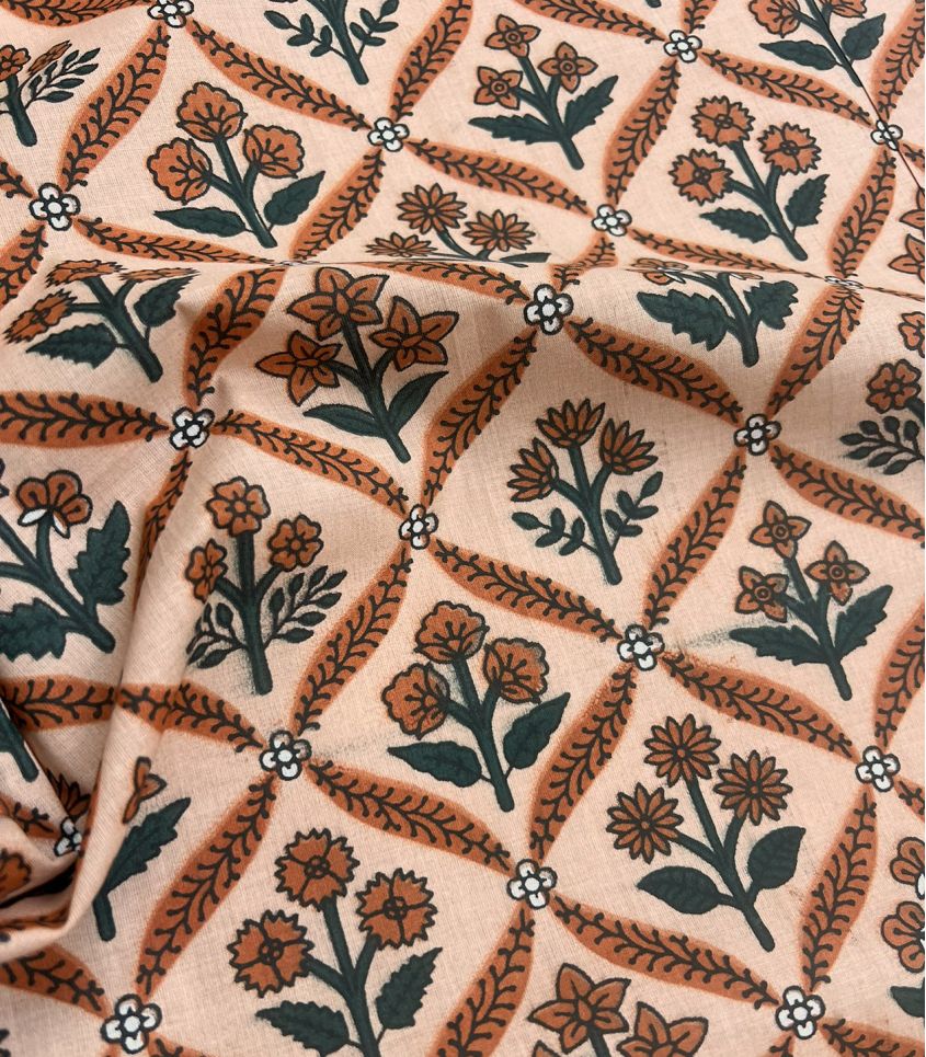 Tissu blockprint - Fleurs Camel