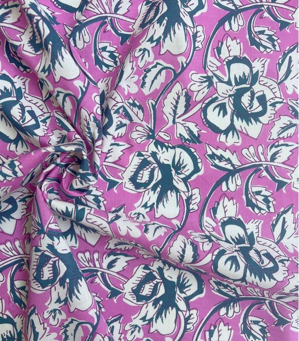 Tissu blockprint - Fleurs cyan sur violine