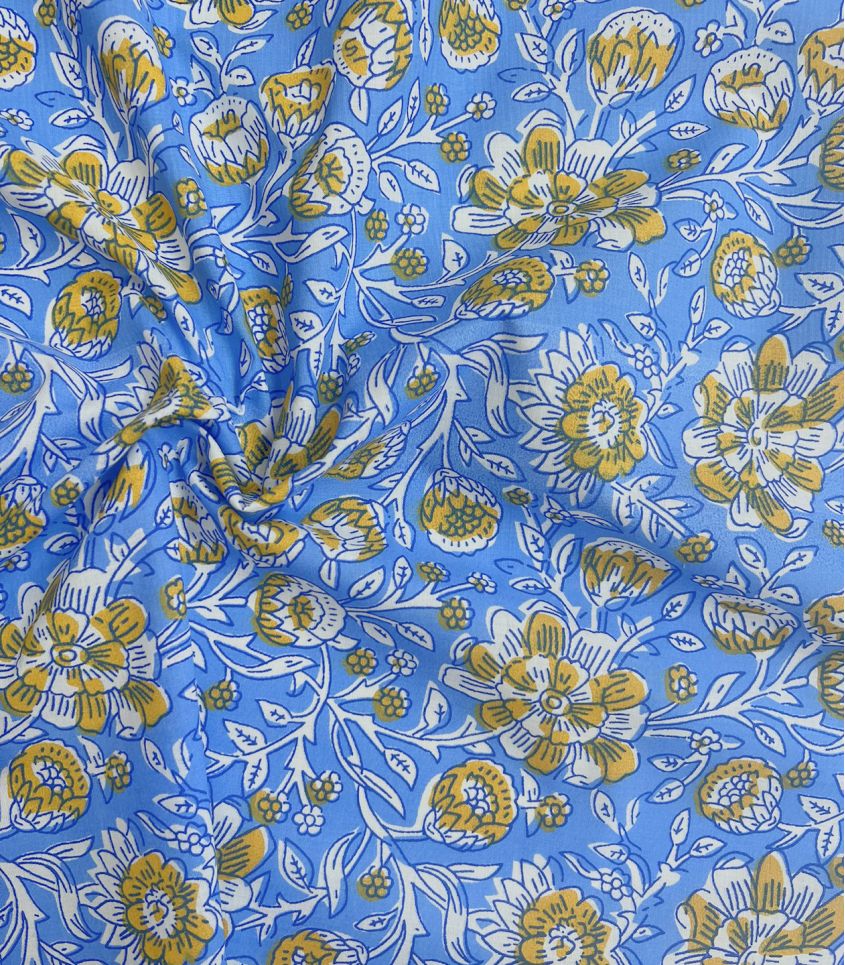 Tissu blockprint - Fleurs ocre sur bleu