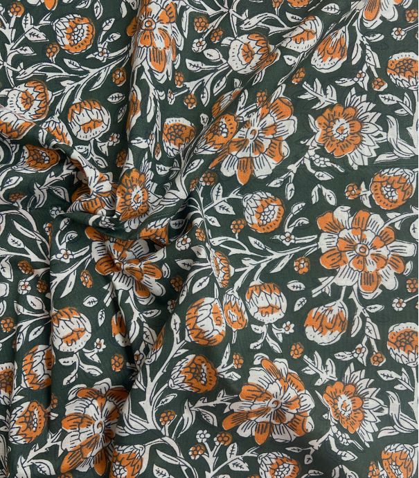 Tissu blockprint - Fleurs orange sur vert forêt