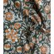 Tissu blockprint - Fleurs orange sur vert forêt