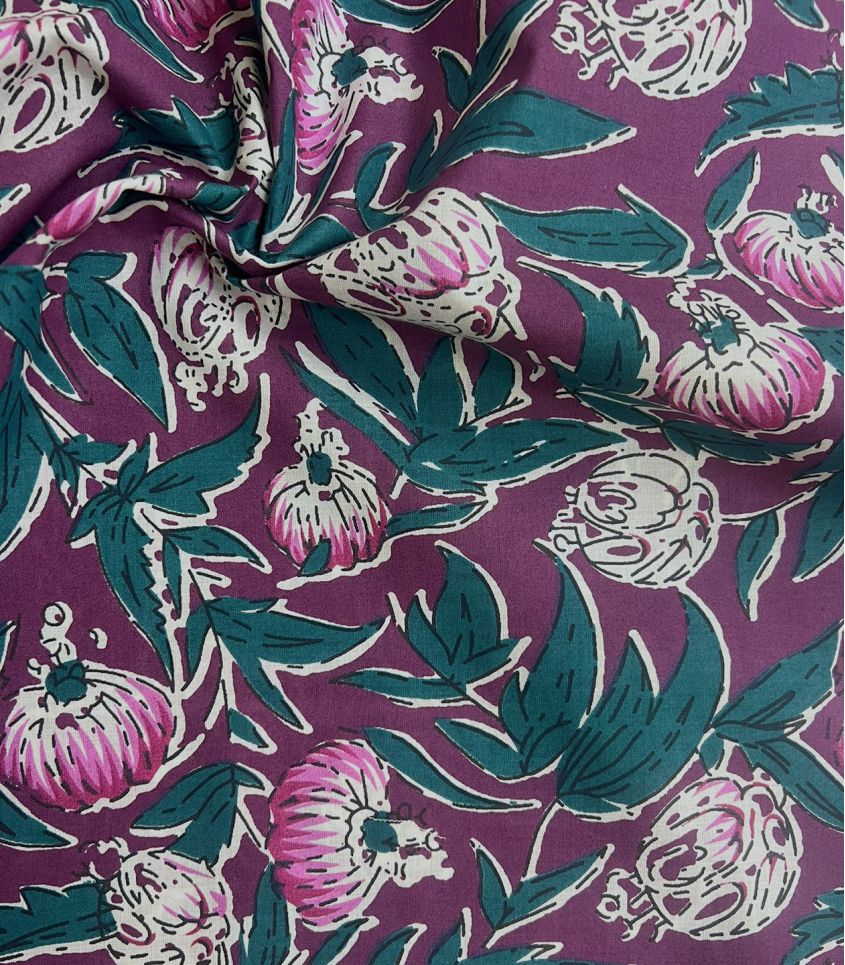 Tissu blockprint - Fleurs prune
