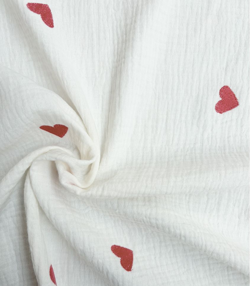 Double gaze brodée - Coeurs rouges