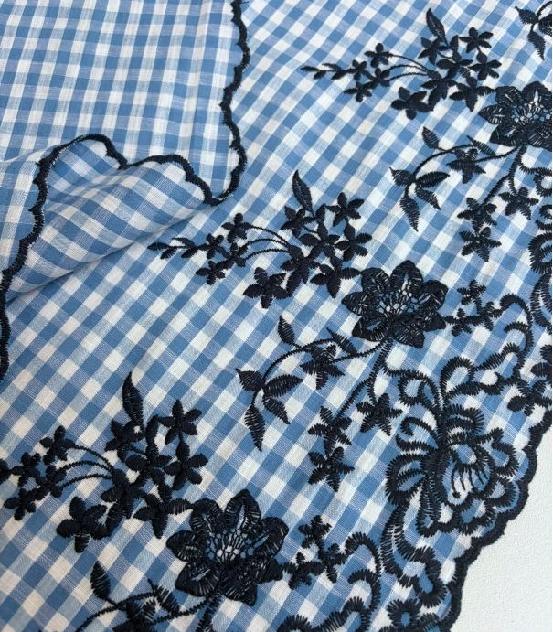 Tissu coton festonné - Vichy & Broderie