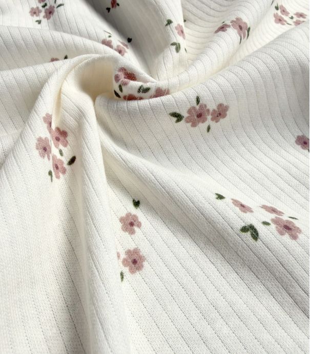 Tissu maille côtelé - Fleurettes beiges
