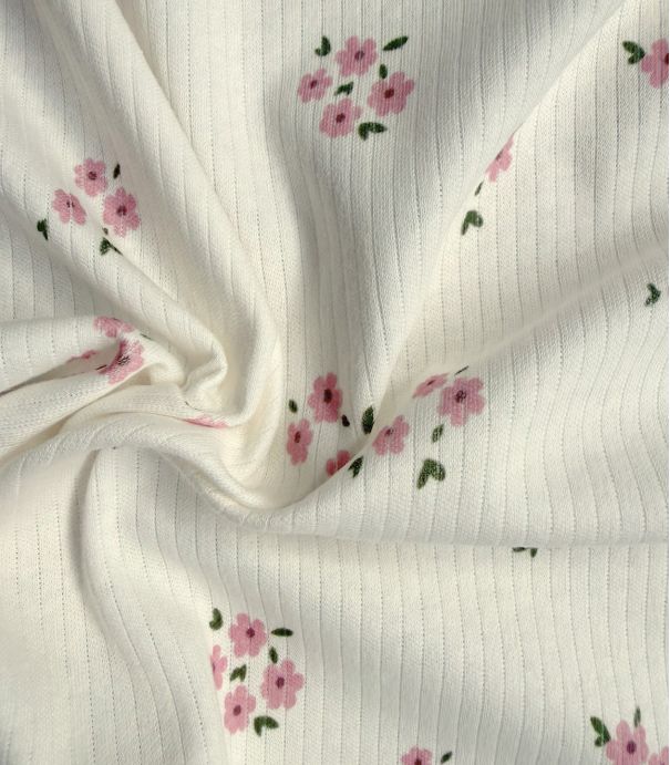 Tissu maille côtelé - Fleurettes roses