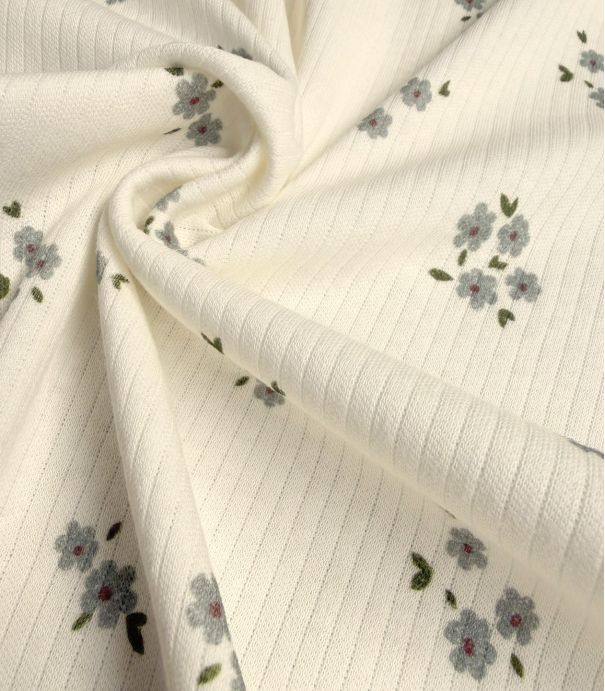Tissu maille côtelé - Fleurettes grises