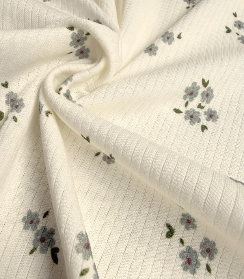 Tissu maille côtelé - Fleurettes grises