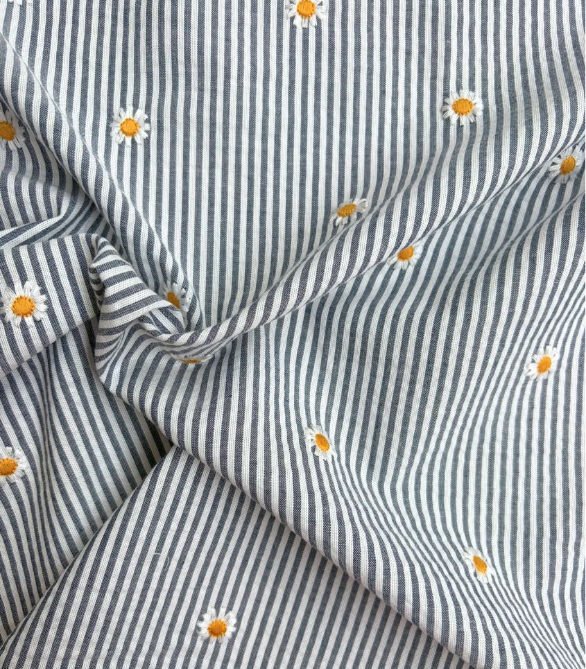 Tissu seersucker marine - Pâquerettes