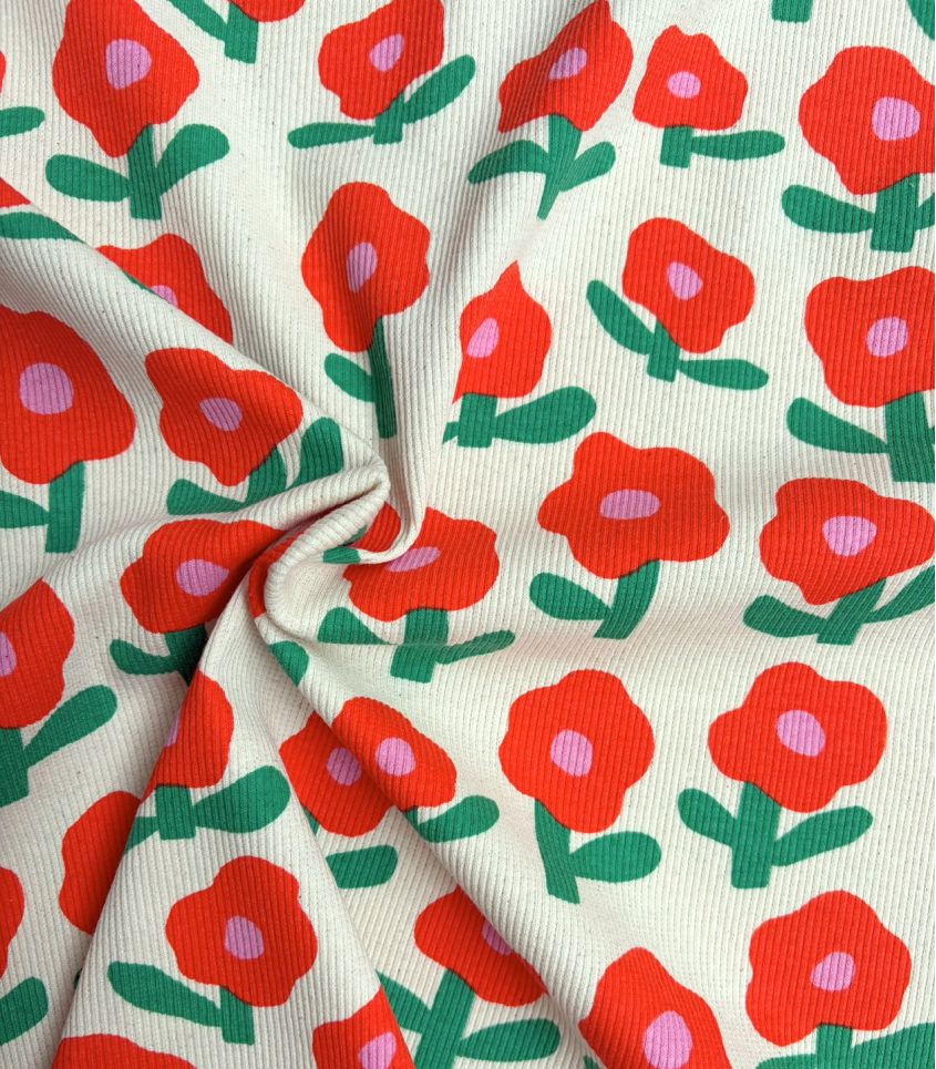 Tissu maille côtelé - Fleur Pop Rouge