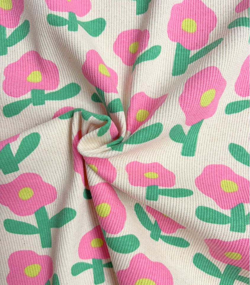 Tissu maille côtelé - Fleur Pop Rose