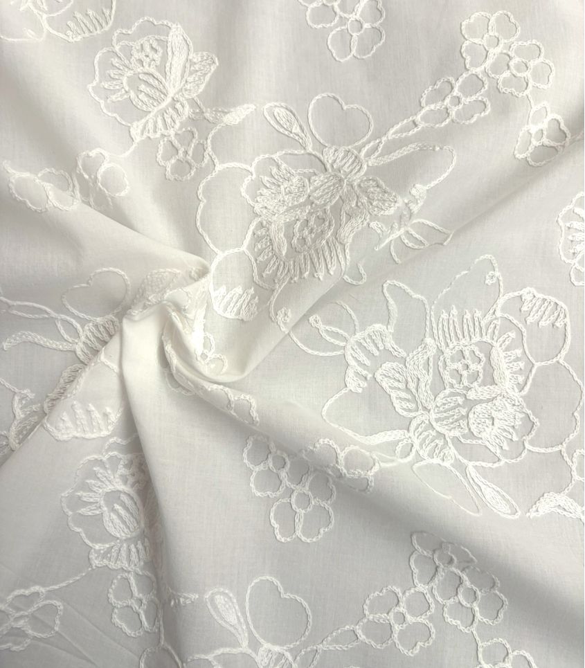 Tissu voile de coton brodé - Pivoines