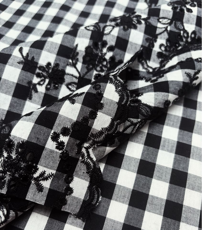 Tissu coton festonné - Vichy Noir & Broderie