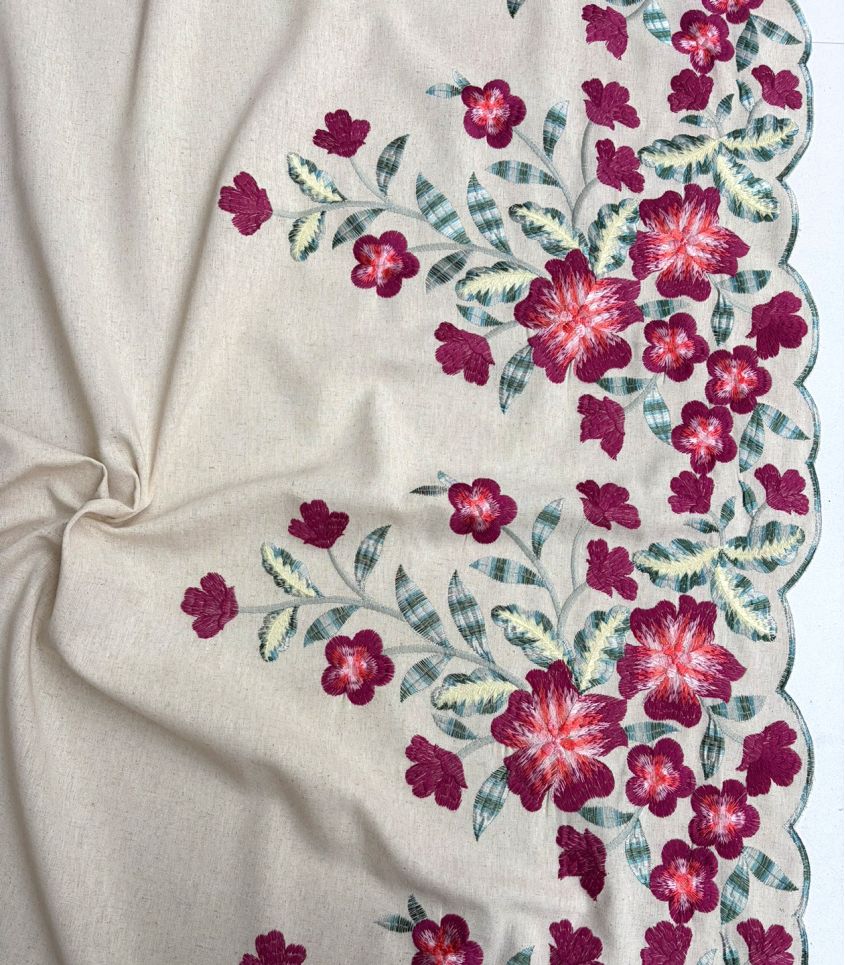 Tissu lin viscose festonné - Fleurs brodées cerise