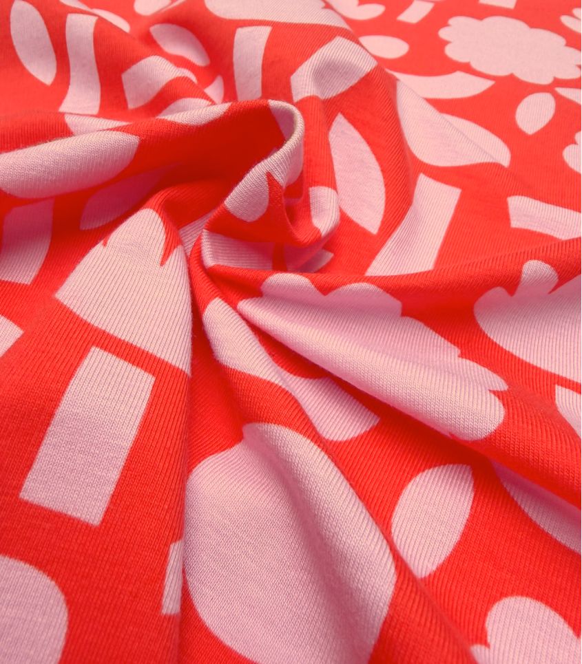 Tissu jersey coton - Fleurs Naïves vermillon