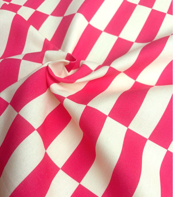 Tissu canvas damier - Ecru Fuchsia