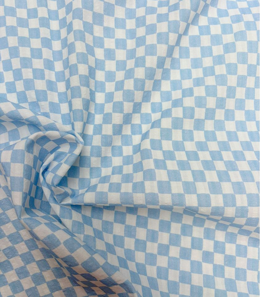 Tissu coton bubble- Damier ciel