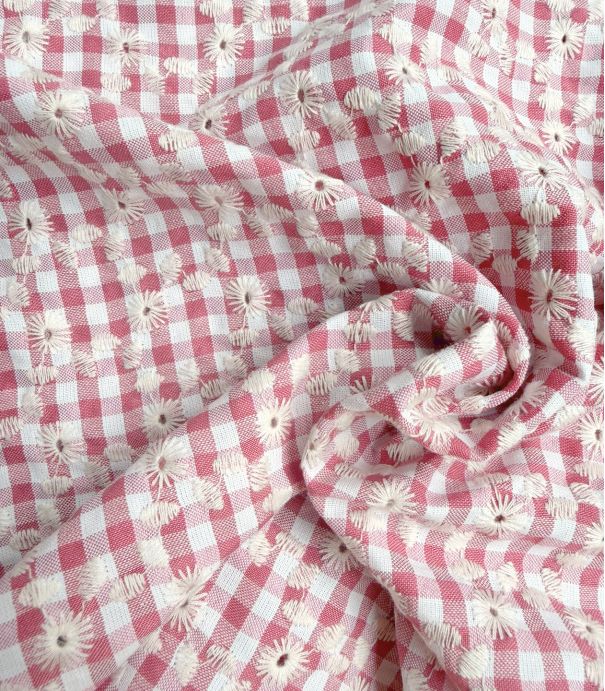 Tissu vichy brodé - Rose thé