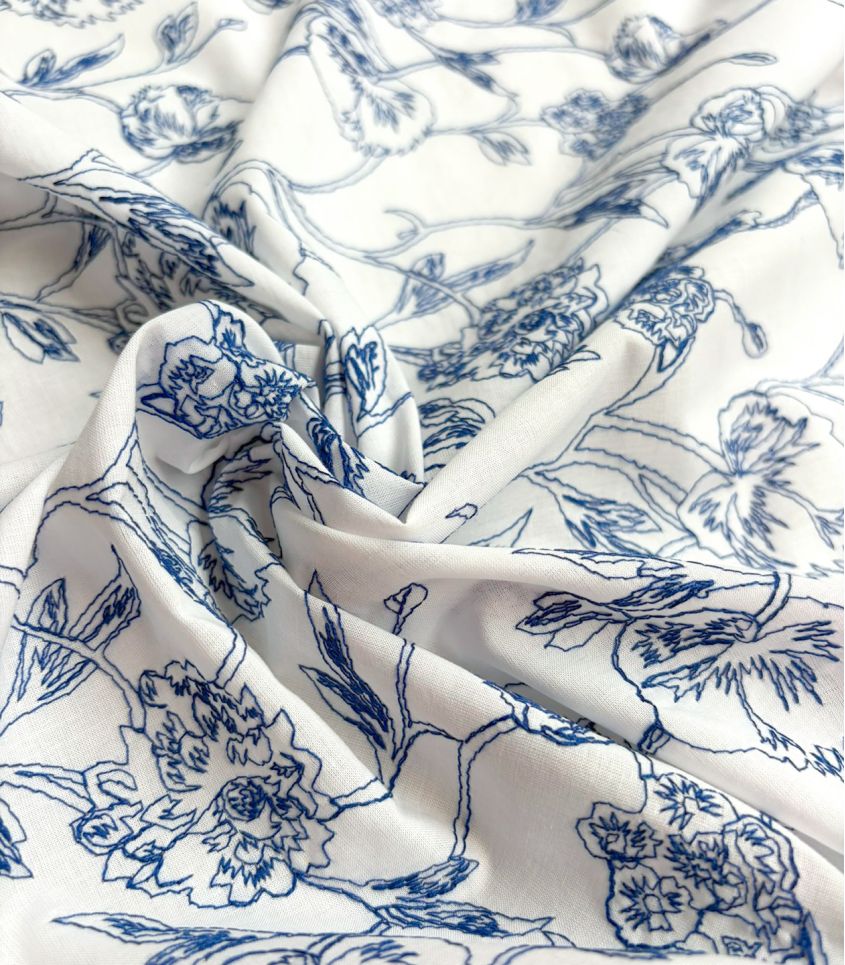 Tissu voile brodé - Porcelaine
