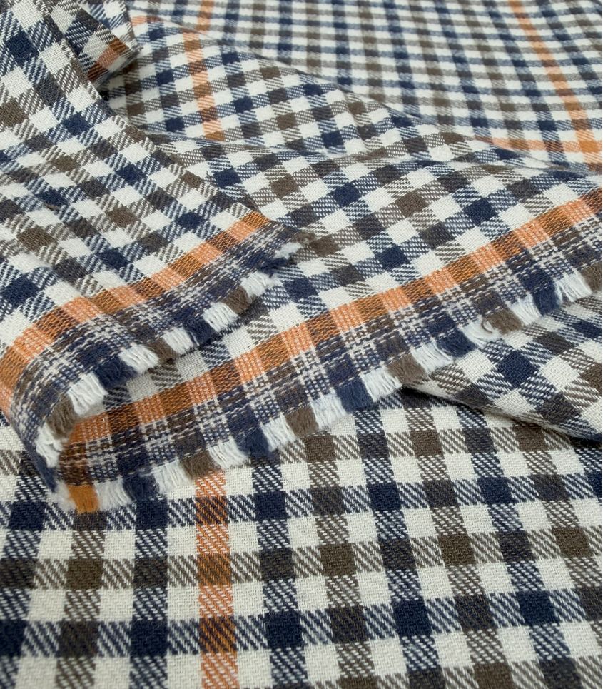 Tissu Flanelle de coton - Petits carreaux ocre bleu Tissu Flanelle de coton - Petits carreaux ocre bleu